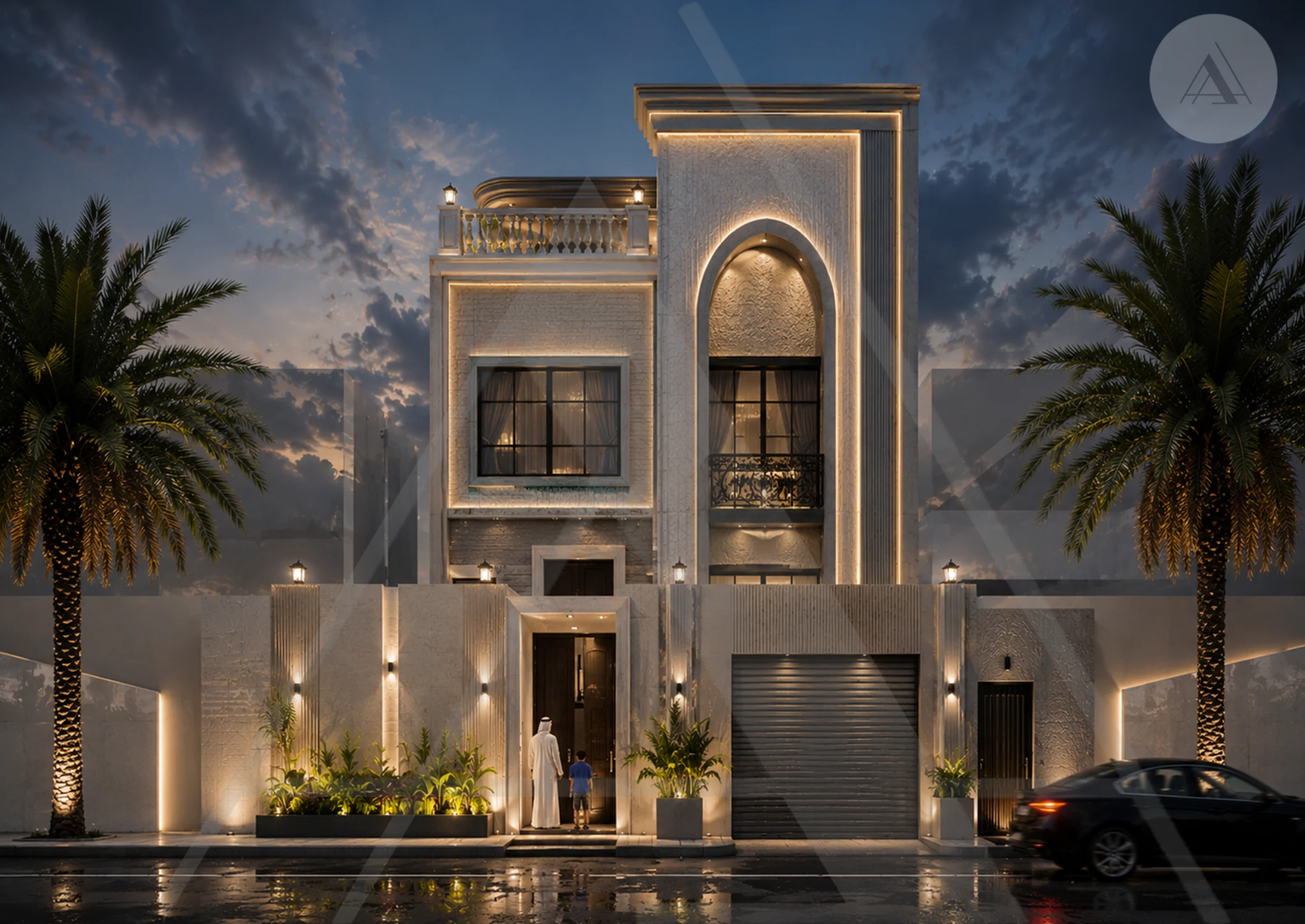 Al Hadatha Villa illuminated facade