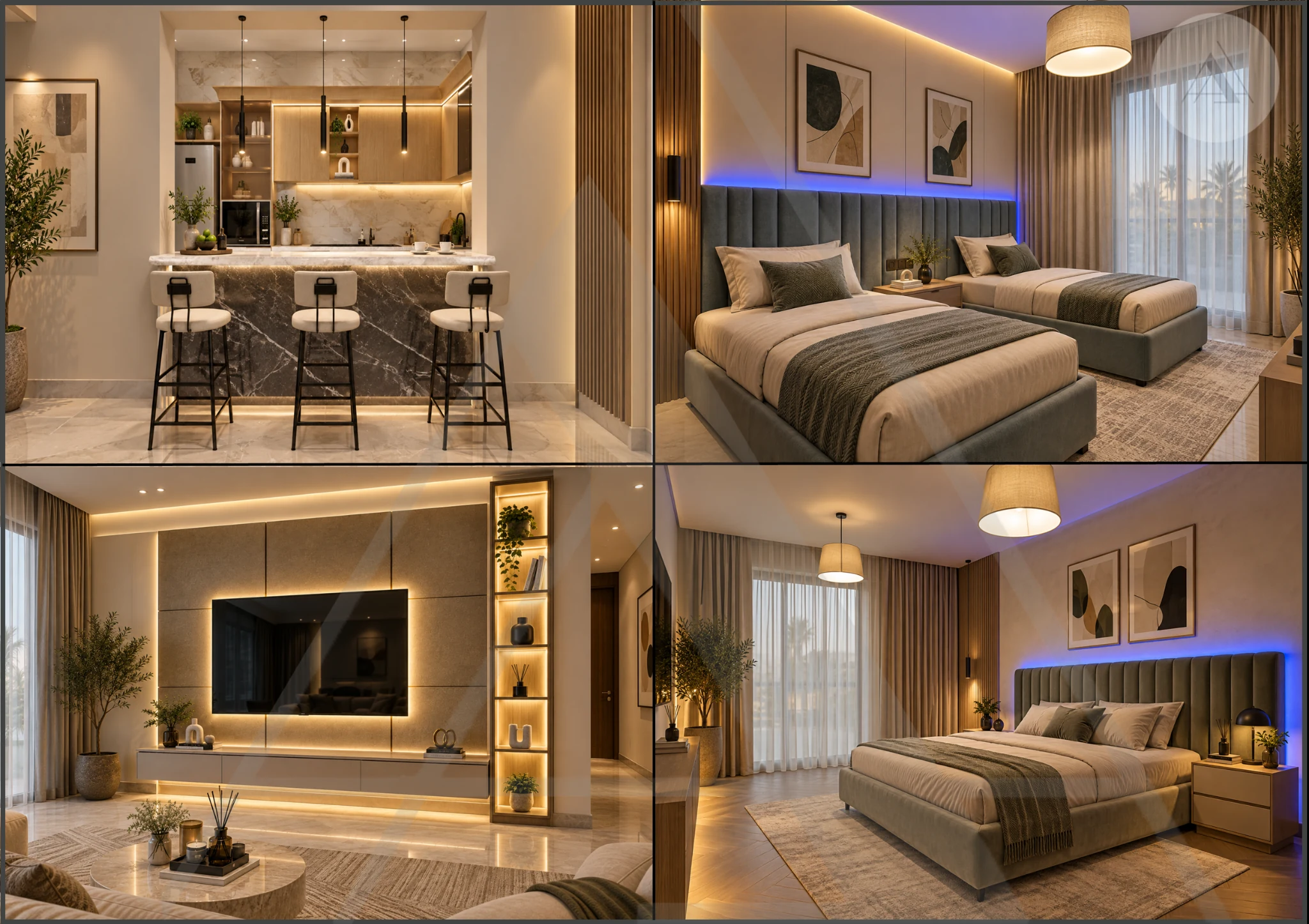 Serenity Villa kitchenette, bedrooms and TV lounge